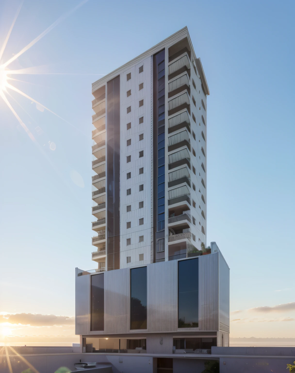 Luxury building on a sunny day, Open Space Loft Villa de vidro, moderno, Dynamic (Foto RAW, real, melhor qualidade, piece of master:1.2), (Ultra photo realism, realista:1.2), alta qualidade, (Bright Sunny Day Lighting:1.2), Uplighting, Layout, varandas, blue skies, sem nuvens, dia ensolarado, 12:00h, meio do dia, sol em cima, nascer do sol
