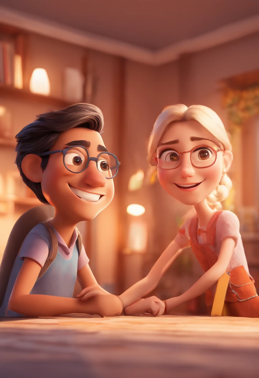 An illustration of an adorable couple, Spotlight on a man with indigenous characteristics, rechonchudo, With eye Glasses, Smiling and a blonde woman with beautiful expressive eyes - the man's skin is brown and the man's hair is black and short, The woman's skin is white, and the woman's hair is straight and blond. They are a bright room, cada um com um sorriso no rosto, e compartilhar um momento especial caracterizado pelo amor, Insights. Illustrate this scene from a perspective where they are facing the camera, Smiling and Showing Your Connection. Desenvolva esta arte em Full HD, Focus on your cinematic touch, Estilo Disney Pixar Animations