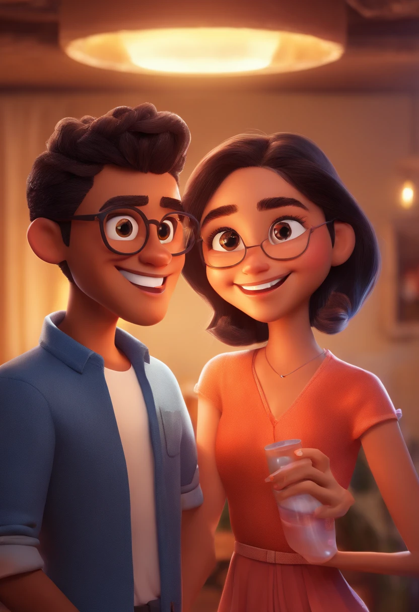 An illustration of an adorable couple, Spotlight on a man with indigenous characteristics, rechonchudo, With eye Glasses, Smiling and a blonde woman with beautiful expressive eyes - the man's skin is brown and the man's hair is black and short, The woman's skin is white, and the woman's hair is straight and blond. They are a bright room, cada um com um sorriso no rosto, e compartilhar um momento especial caracterizado pelo amor, Insights. Illustrate this scene from a perspective where they are facing the camera, Smiling and Showing Your Connection. Desenvolva esta arte em Full HD, Focus on your cinematic touch, Estilo Disney Pixar Animations