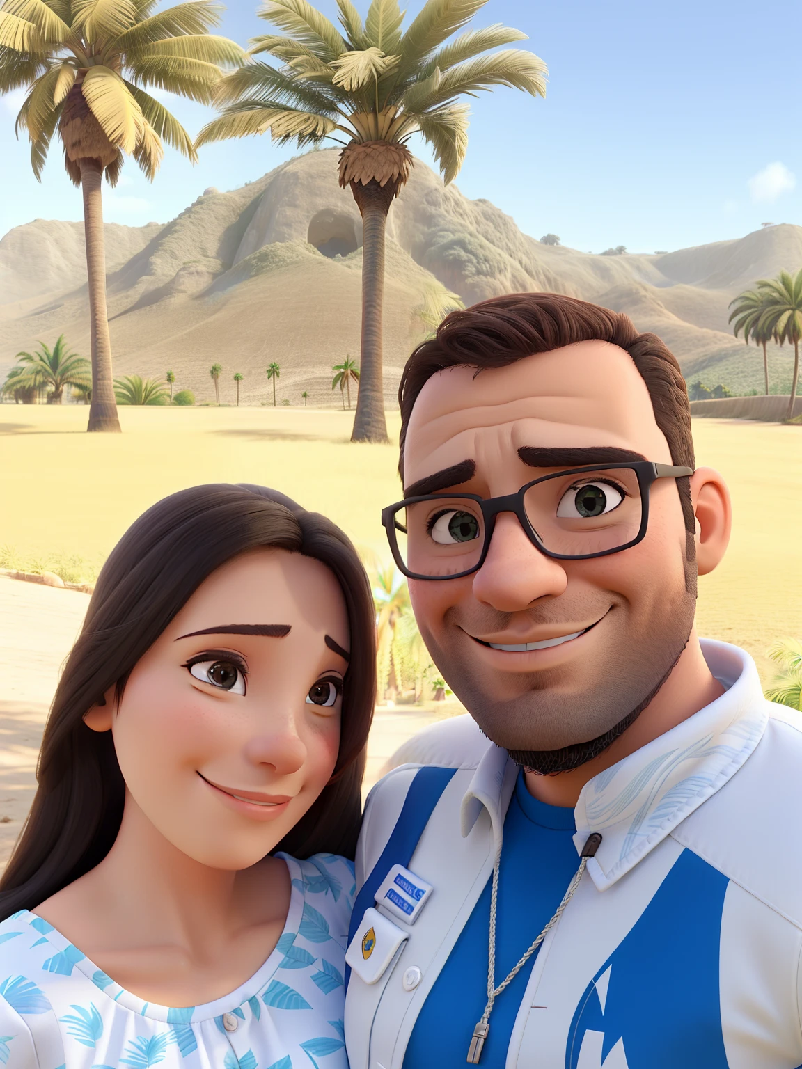Couple hugging with palm trees, grama e montanhas ao fundo. Homem com olhos castanhos escuros