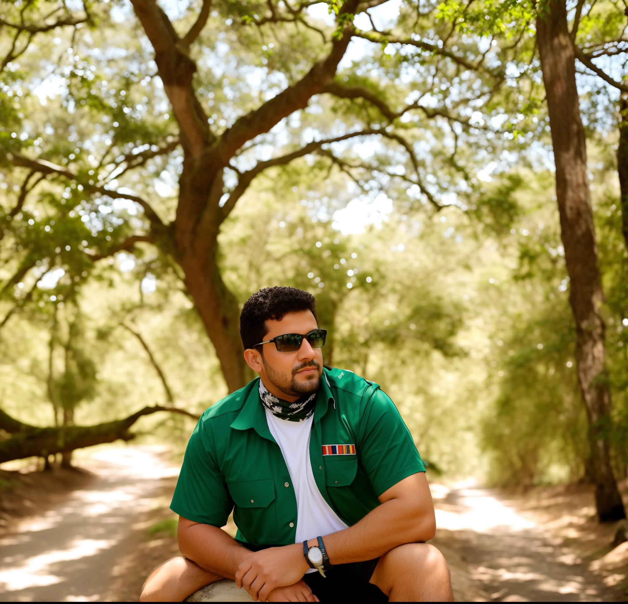 Araffe sentado em uma rocha no meio de uma floresta, em frente a um fundo de floresta, against the backdrop of trees, Selvas ao fundo, sentado em uma floresta colorida, sentado no forrest, na floresta da selva, em um ambiente de selva, amidst nature, olhando majestoso na floresta, trees in the background, foto de perfil 1024px