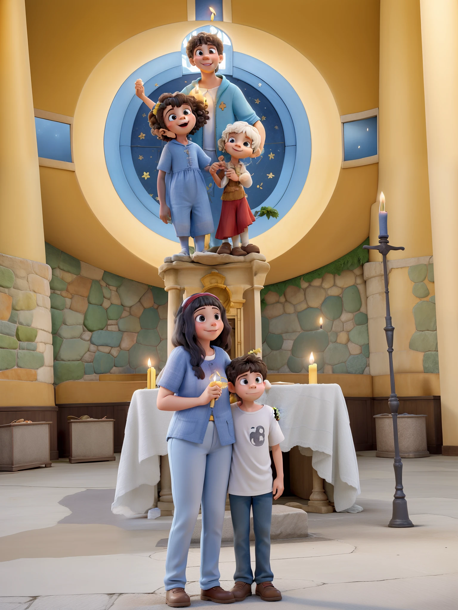 two children (menina e menino) na primeira eucaristia, candle in hand, igreja, alta qualidade, melhor qualidade, disney pixar