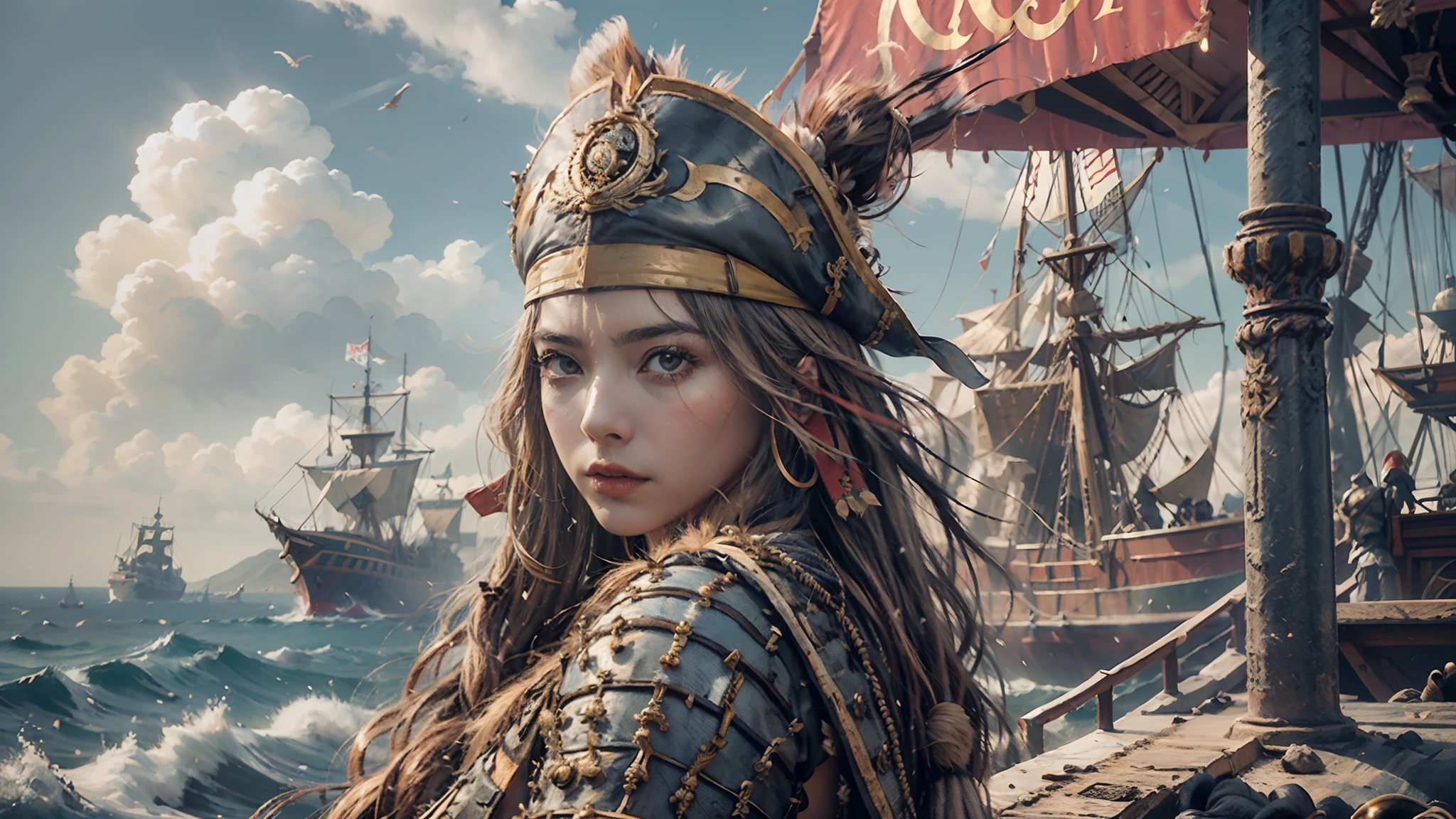 cinematic, ultra realistic, highly detailed, a brunette female dressed as a pirate, eye level shot, menace coming, seawind, a pirat ship, peach light, movie still --auto --s2
