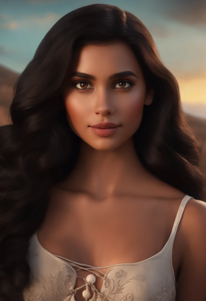 Post Disney Pixar. The person is a beautiful young woman, cabelo preto medio liso ondulado, olhos castanho, morena clara, sorrindente, vestida de blusa branca e blaiser vermelho