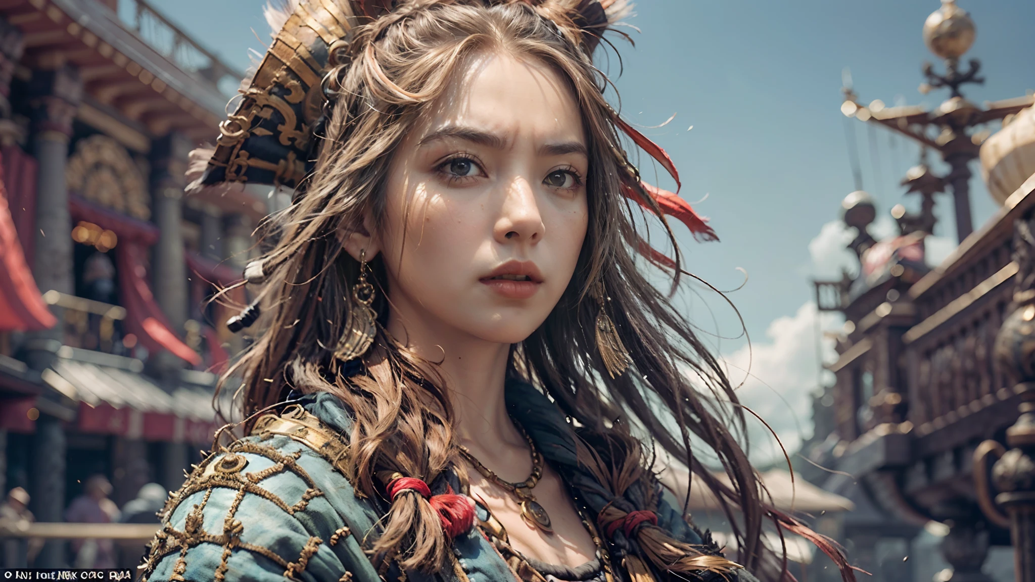 cinematic, ultra realistic, highly detailed, a brunette female dressed as a pirate, eye level shot, menace coming, seawind, a pirat ship, peach light, movie still --auto --s2