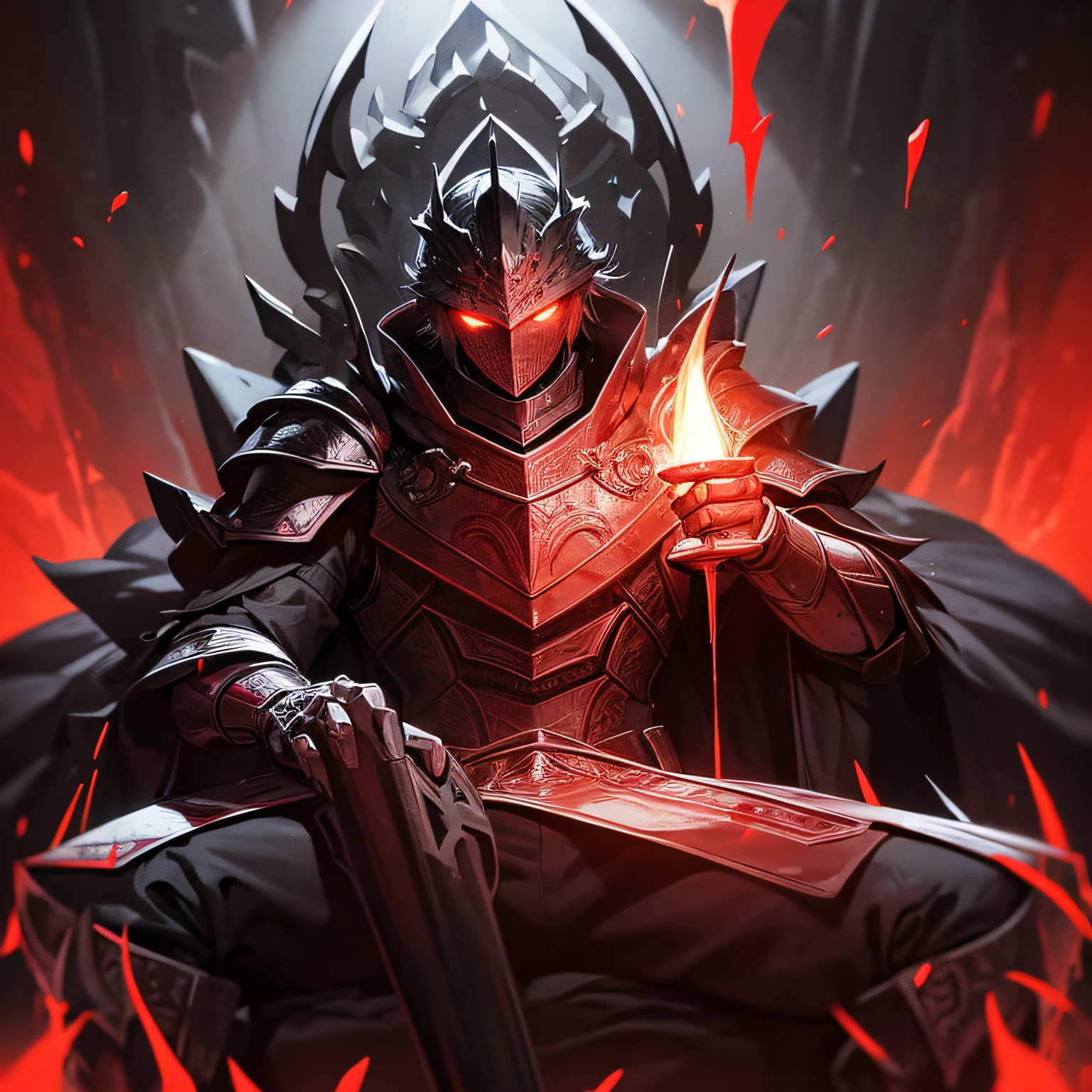 man in black armor, sitting on a throne, esura stone throne, dark environment, dark scenery, lighting from torch, red eyes, red details, blood on the ground