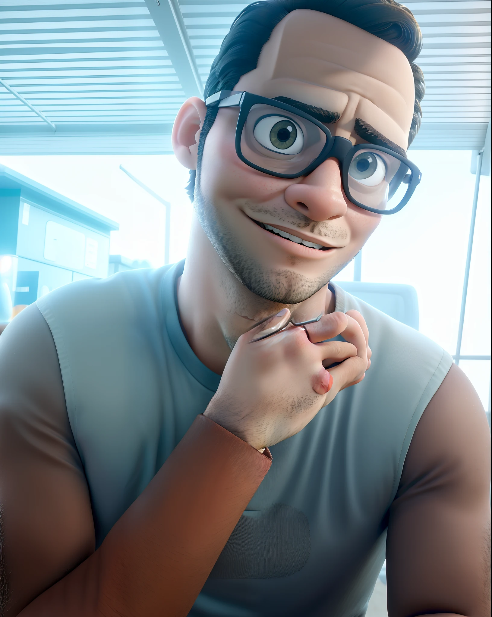 32-year-old man wearing glasses, cabelo preto bem baixinho, rosto liso, cor da pele moreno claro esperando no personagem da Disney