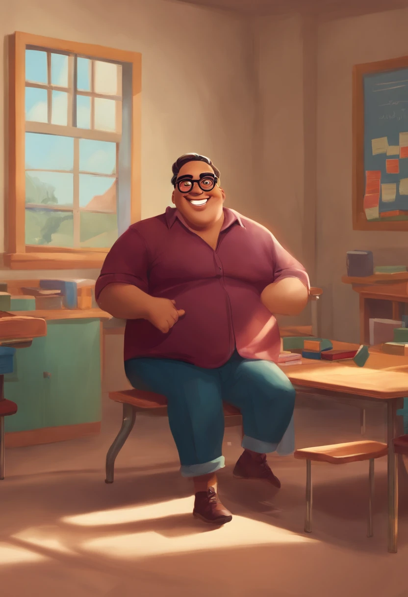 He's big-bellied, he's smiling, he's in a classroom, he's wearing glasses and his right eye is half closed.