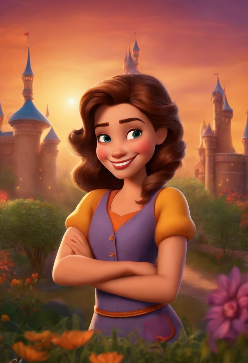 Personagem disney pixar cabelo castanho olho castanho amendoado de sorriso feliz rosto oval com castelo da disney de fundo