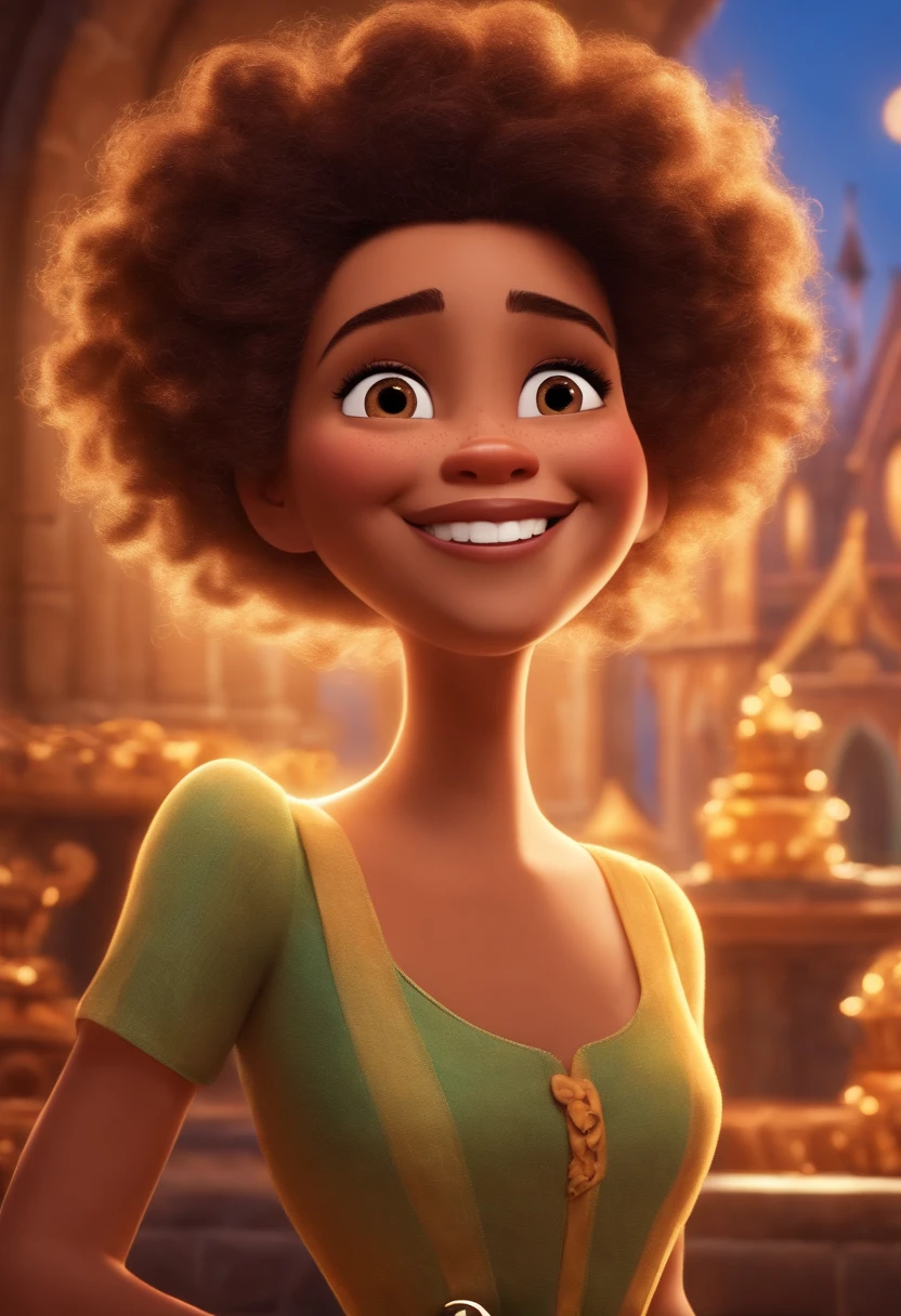 Um filme inspirado na Disney Pixar (MENINA NEGRA JOVEM COM CABELO LONGO CACHEADO PRETO) dentro A cena estar na arte distinta do estilo PIXAR, descolada e estilosa