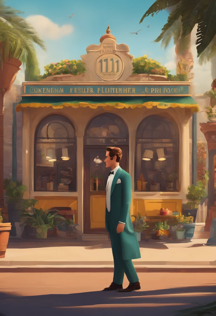 filme Oppenheimer 2023 estilo filmes Pixar, Com nome "The Seller of Cafes", poster, with credits featuring a young man getting married in front of him in a suit and tie