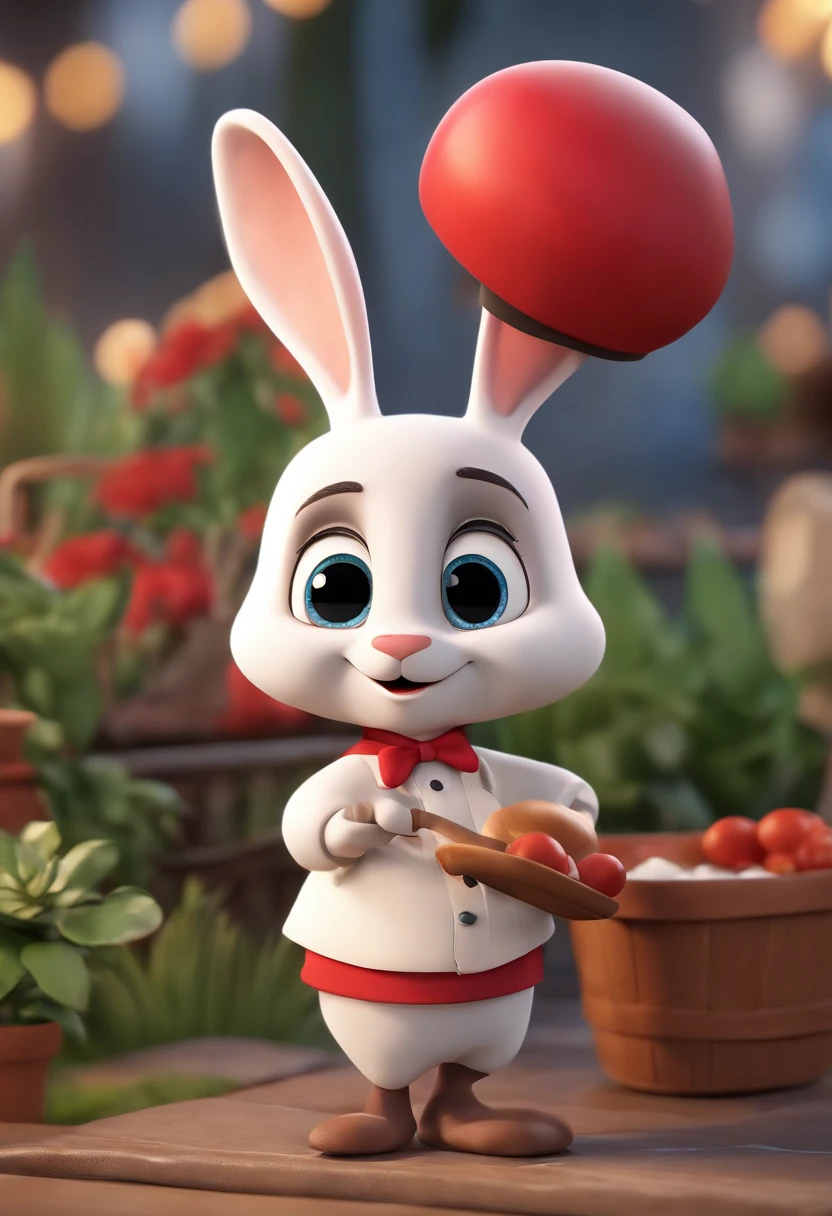 Cartoon character of a white rabbit chef with red dolman and a big white chef hat, animation character, Caractere estilizado, animation style rendering, 3D estilizado, Arnold Maya render, 3 d render stylized, toon render keyshot, Personagem 3D, Personagem 3D, 3d rendering stylized, 3 d character render, personagem de desenho animado, Personagem de close up, Pose de personagem, (Estilo Pixar) (master part:1.2) (Bokeh) (best quality) (pele detalhada) (textura detalhada) (8k) (argila) (Cinematic lighting) (foco nítido
