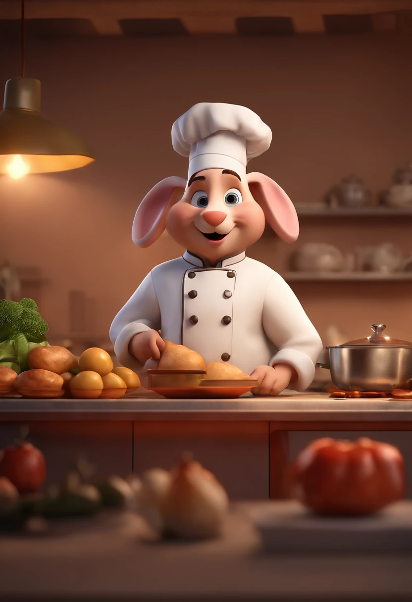 Cartoon character of a white rabbit chef with red dolman and a big white chef hat, animation character, Caractere estilizado, animation style rendering, 3D estilizado, Arnold Maya render, 3 d render stylized, toon render keyshot, Personagem 3D, Personagem 3D, 3d rendering stylized, 3 d character render, personagem de desenho animado, Personagem de close up, Pose de personagem, (Estilo Pixar) (master part:1.2) (Bokeh) (best quality) (pele detalhada) (textura detalhada) (8k) (argila) (Cinematic lighting) (foco nítido