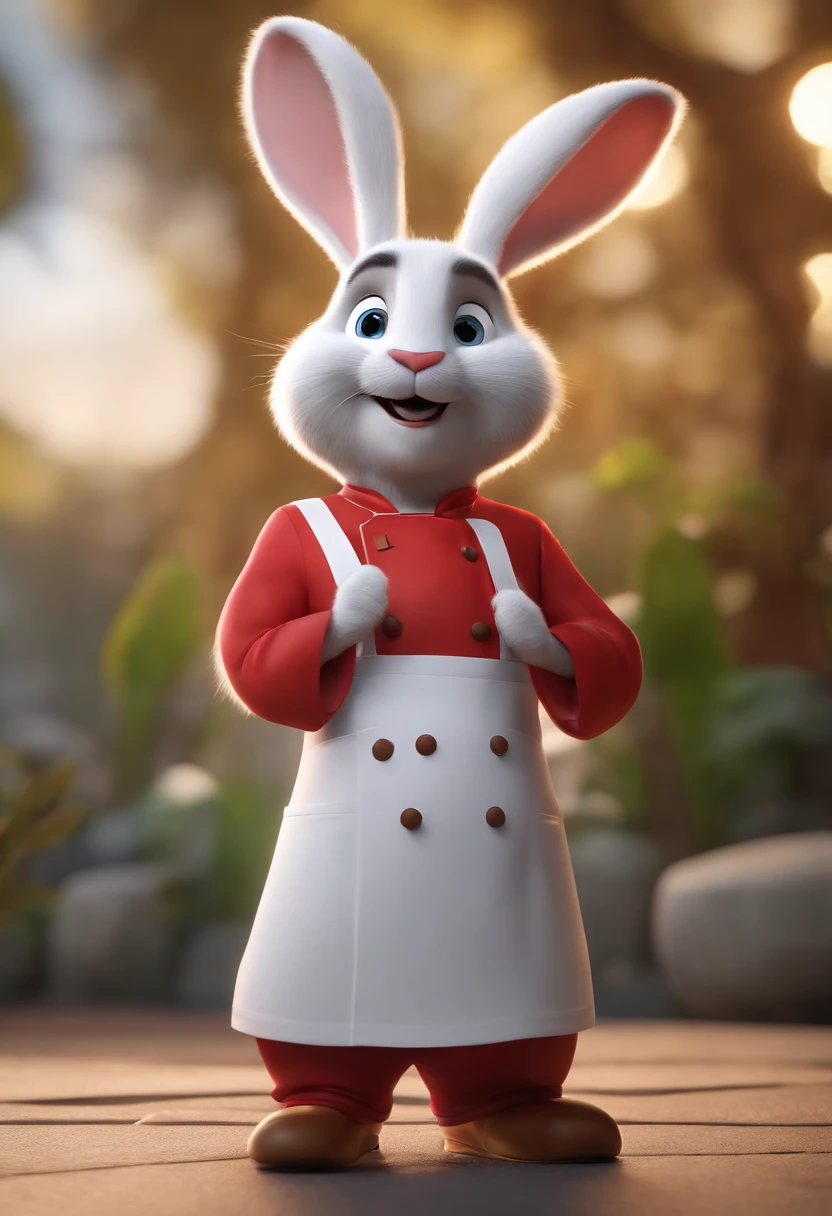 Cartoon character of a white rabbit chef with red dolman and a big white chef hat, animation character, Caractere estilizado, animation style rendering, 3D estilizado, Arnold Maya render, 3 d render stylized, toon render keyshot, Personagem 3D, Personagem 3D, 3d rendering stylized, 3 d character render, personagem de desenho animado, Personagem de close up, Pose de personagem, (Estilo Pixar) (master part:1.2) (Bokeh) (best quality) (pele detalhada) (textura detalhada) (8k) (argila) (Cinematic lighting) (foco nítido