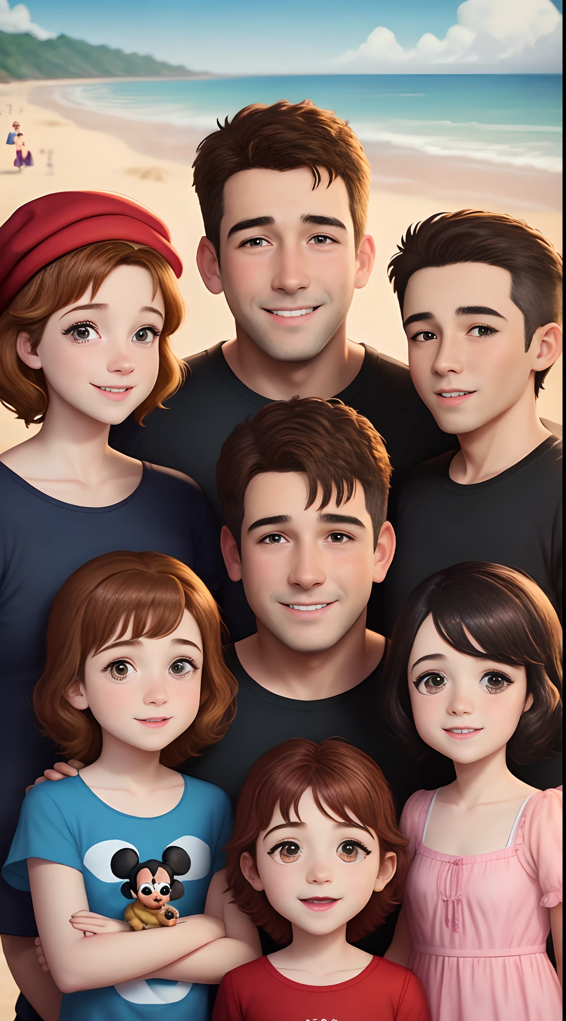 Make a Disney Pixar-style poster with a family of five .
A father wearing a red cap without a beard. Careca.
A brown-haired mother.
Two -yeld twgirls
a 7-year-old
Comu cachorro shithu tsu de cor preta.
Na praia.