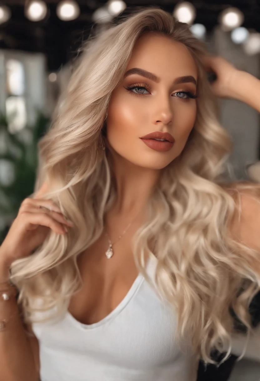 make a blonde girl makeing a tiktok video best quality