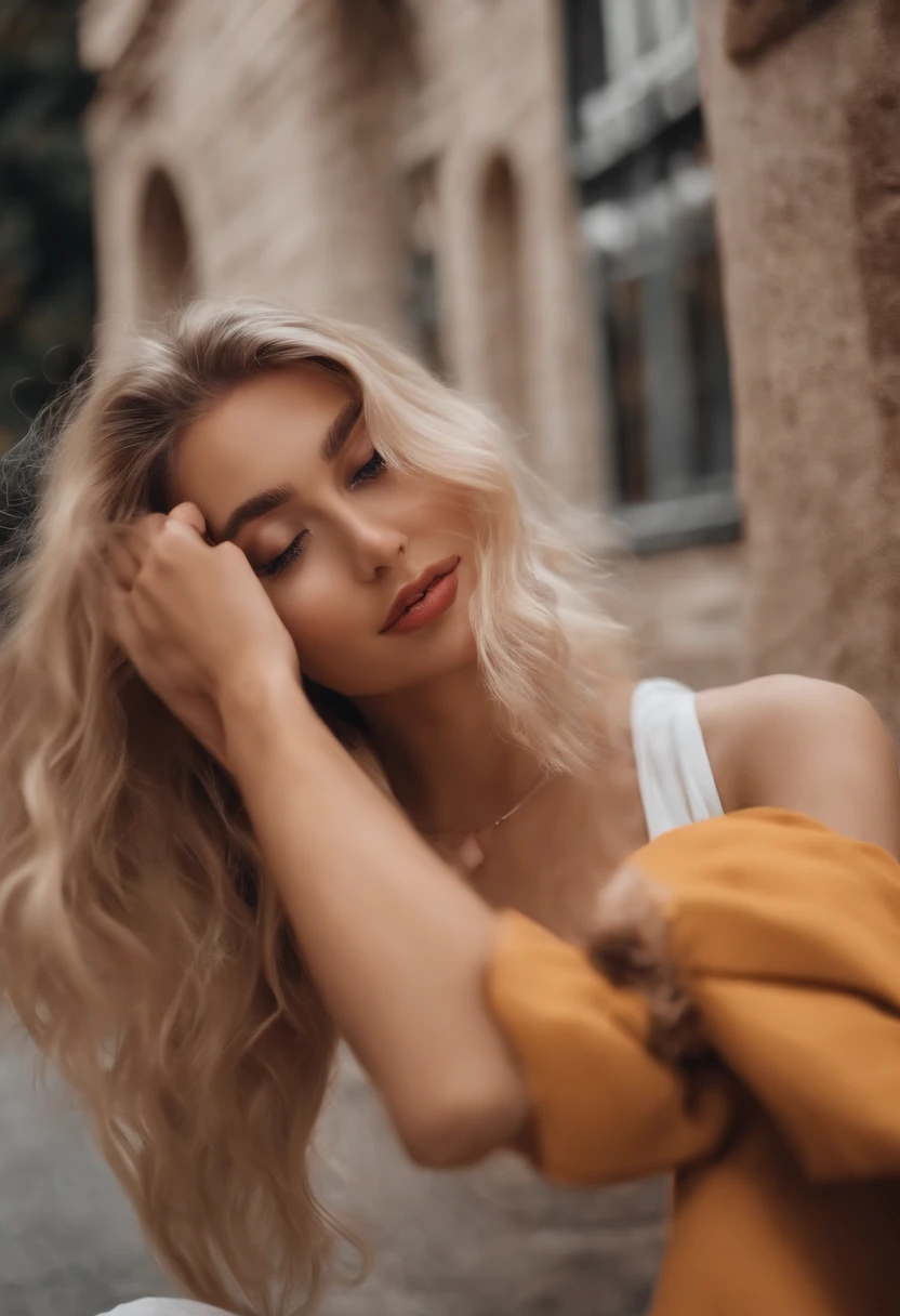 make a blonde girl makeing a tiktok video best quality