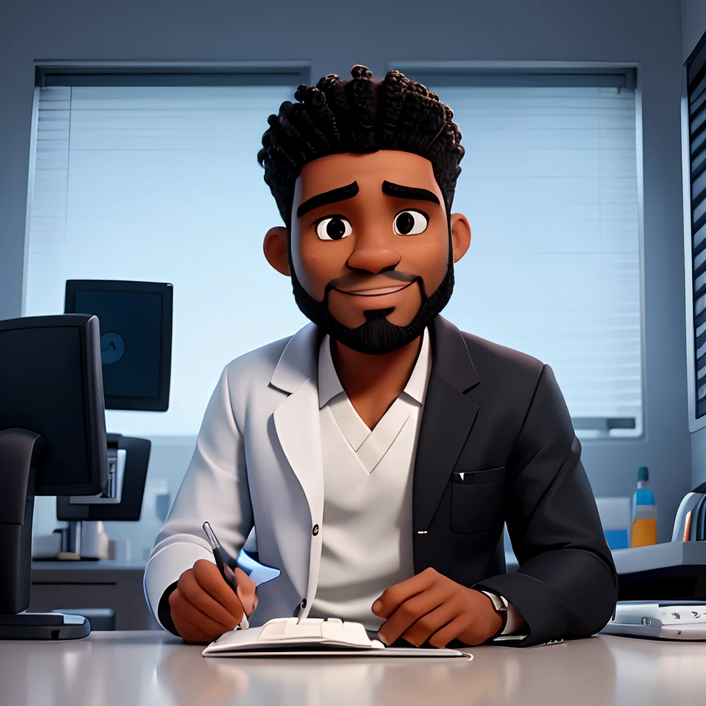 uma imagem de alta qualidade de um dentista negro, cabelo preto crespo , With a small beard and lab coat, attending to a patient in the clinic