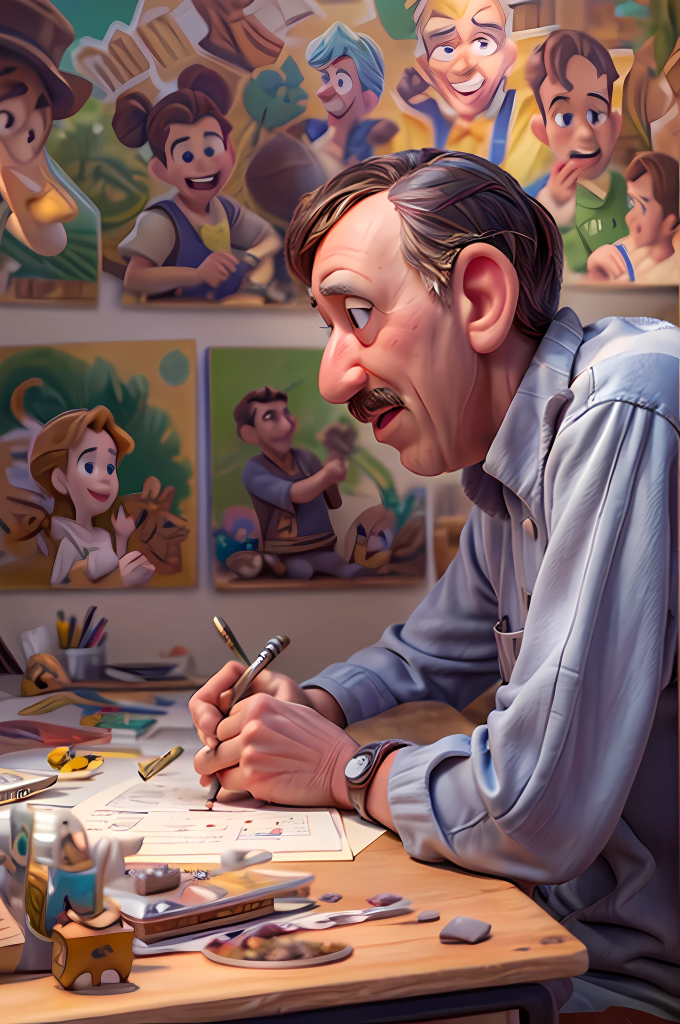 a portrait of (Walt Disney: 1.3), sitting in his work room working on his next project, florescent light, famous Disney characters painted on the walls,  animation study room background, ultra detailed, Masterpiece, best quality, photorealistic, pixarstyle