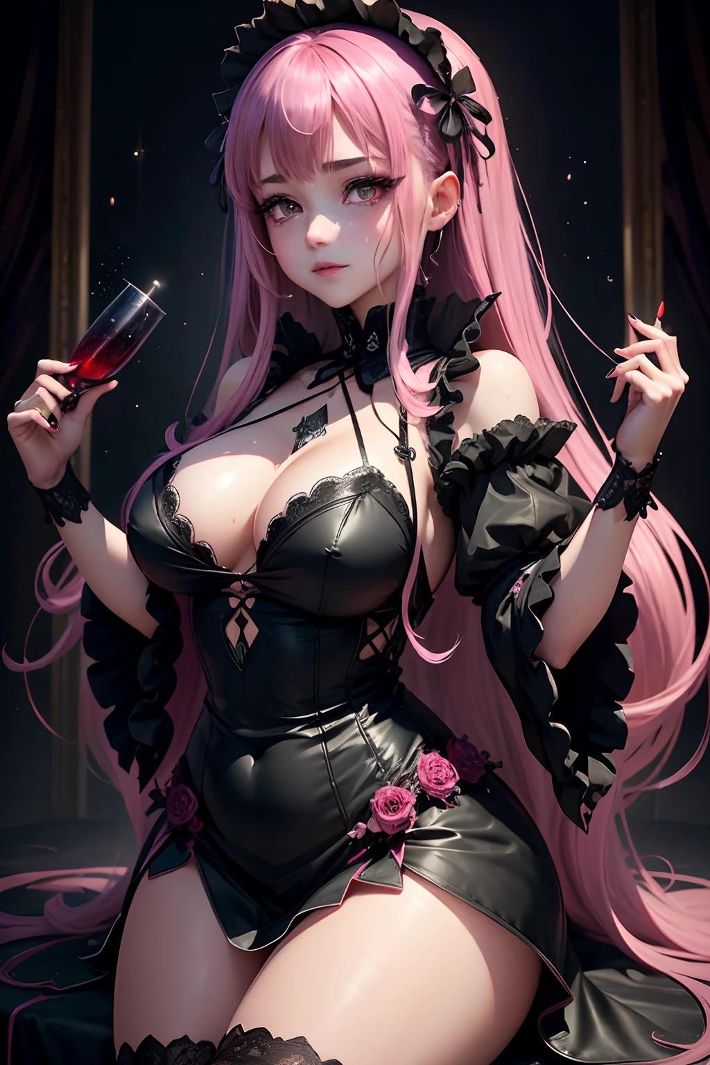 Hard Dark Gothic Makeup、Maniacal、Deep night sky、horor、Black Dark Eyeshadow、crying how bright、mourn、Good skin luster、Lace pink、Long hair straight hair、Dark Gothic Makeup、Dark smile、Restless Palace、Expressions of sexual arousal、Fragrant beauty、22year old、Lying、seductiv、Strong sexual pleasure facial expressions、A look of shame、Dark Gothic、Gothic ta、bell sleeves、Wizard Sleeve、Obscene look、Stained glass background、masutepiece、Best Quality、Refers to 5 books、Sweat glitters on my chest、Expression of sexual pleasure in anguish、Drunken face、maid clothes、Mysterious、noble、Face holding back the toilet、Goth lolithes、the body is wet and shiny、Transcendent sex appeal、sloppily open your legs、Glitter on thighs、I'm sweating a lot、Glamour、Breast Size Medium、Affectionate smile、twin-tail hair、bright pink hair、The thighs are quite wet、Elegant thick gothic dress、