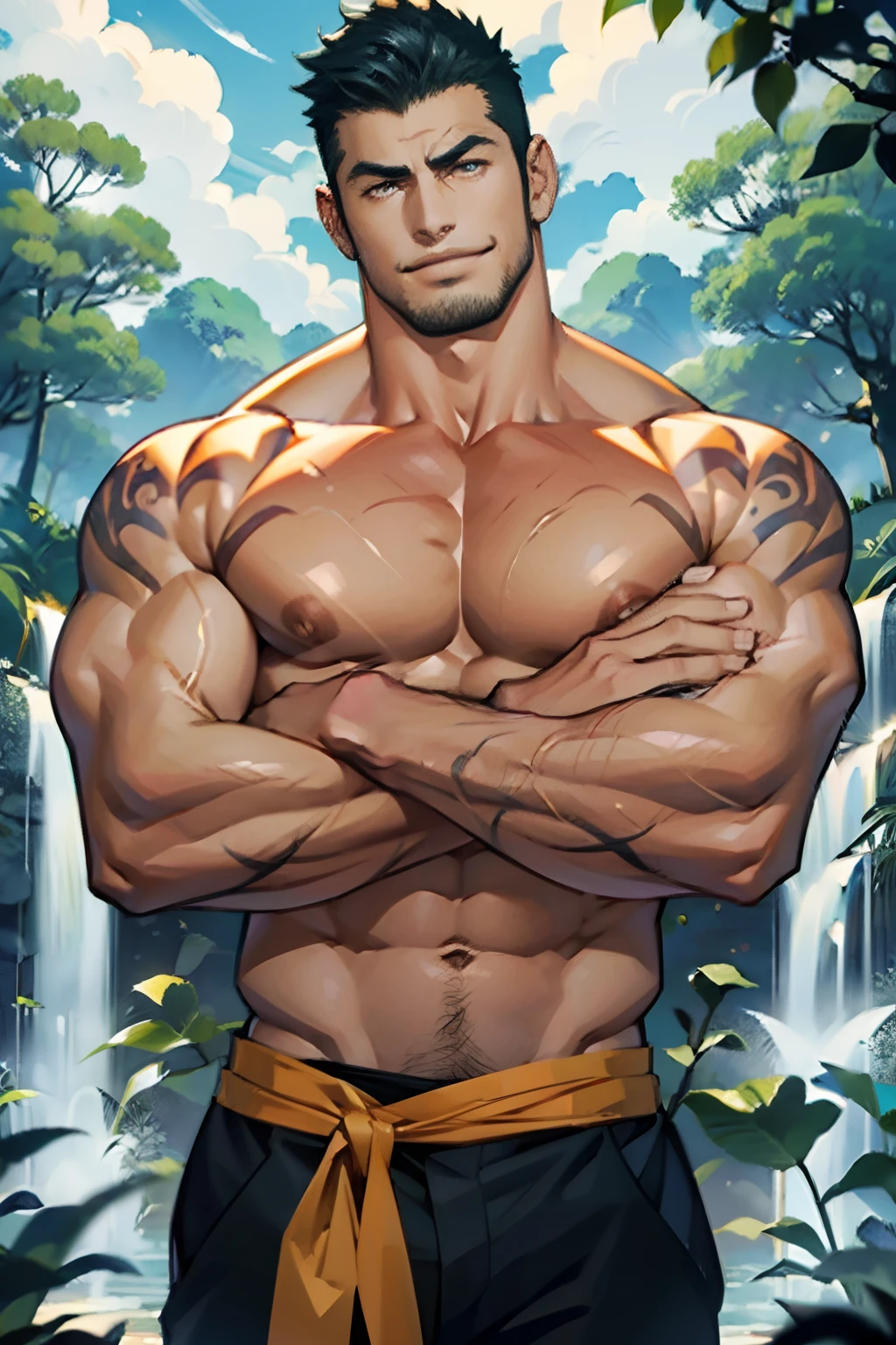 homem de cabelos laranjas. 90kg, musculoso, Shirtless and with arms crossed smiling, background is a forest, estilo anime