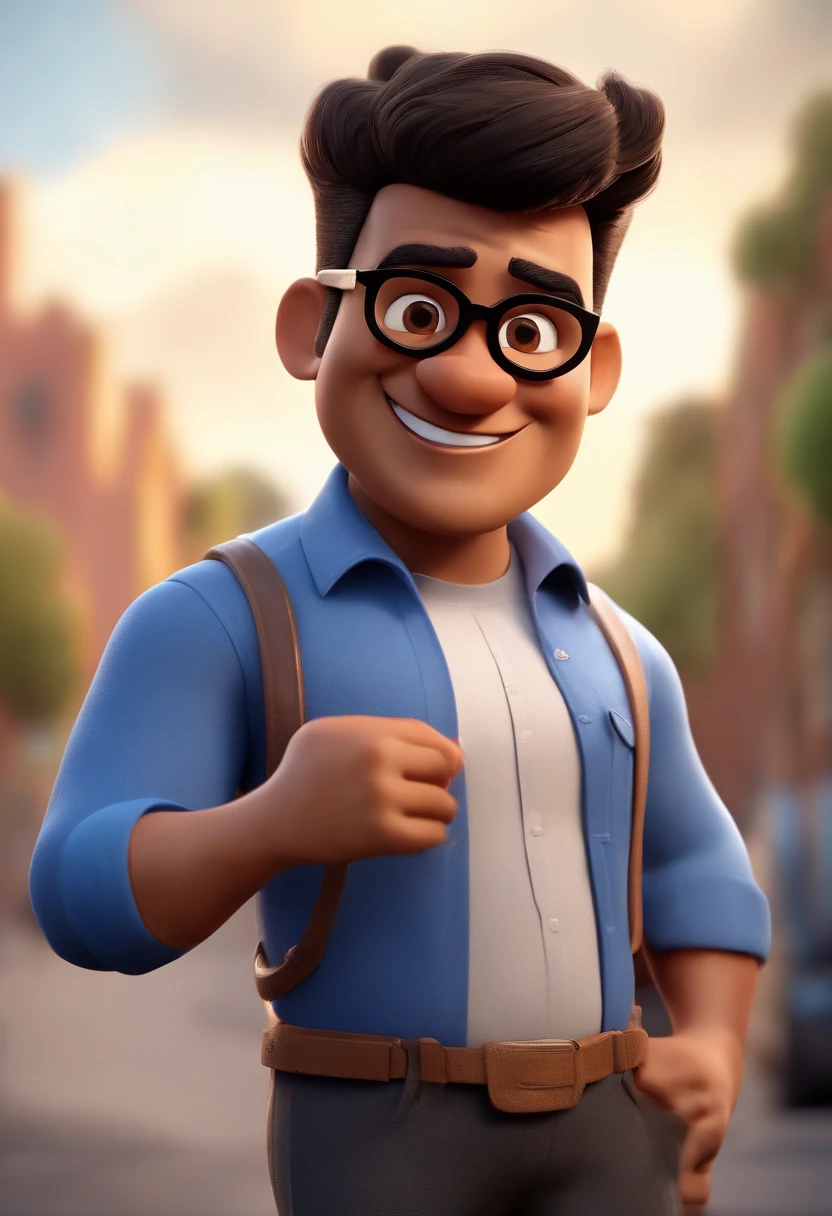 Cartoon character of a man wearing black glasses and a blue shirt, um personagem animado, Caractere estilizado, animation style rendering, 3D estilizado, Arnold Maya render, 3 d render stylized, toon render keyshot, Personagem 3D, Personagem 3D, 3d rendering stylized, 3 d character render, personagem de desenho animado, Personagem de close up, Pose de personagem,  (Estilo Pixar) (master part:1.2) (Bokeh) (best quality) (pele detalhada) (textura detalhada) (8k) (argila) (Cinematic lighting) (foco nítido