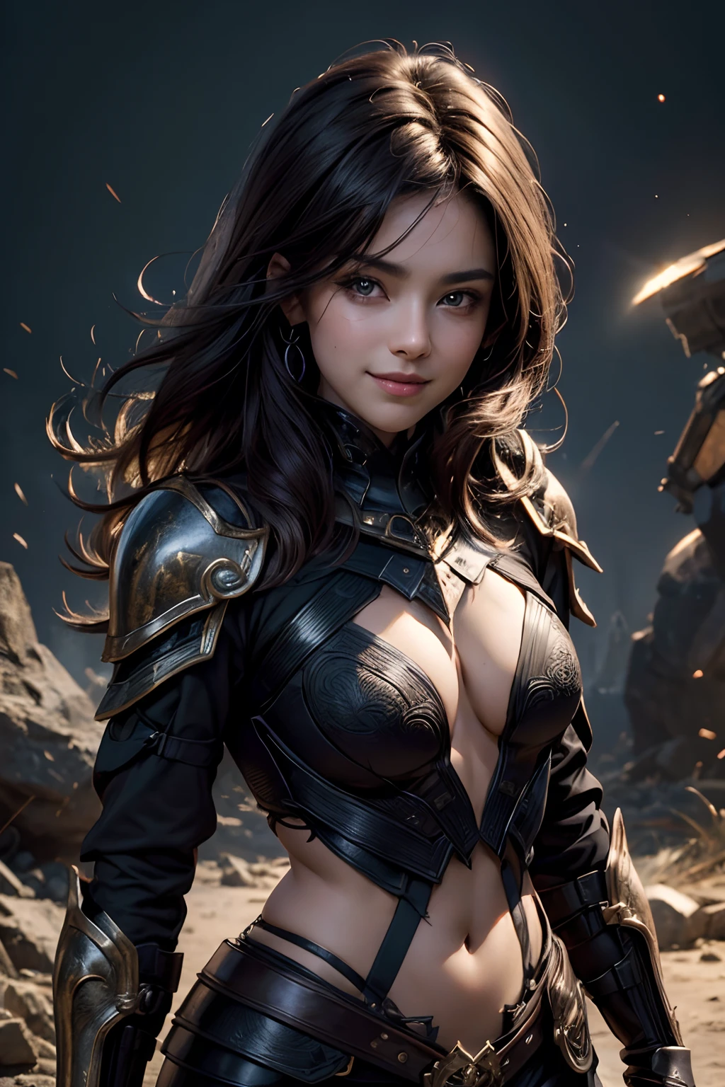 "(Best Quality,8K,hight resolution,Masterpiece:1.2),Beautiful,Detailed Face,Smiling and mesmerizing,Dark brown hair,In black armor with a scorpion motif. Torn clothes, Accentuated chest area"