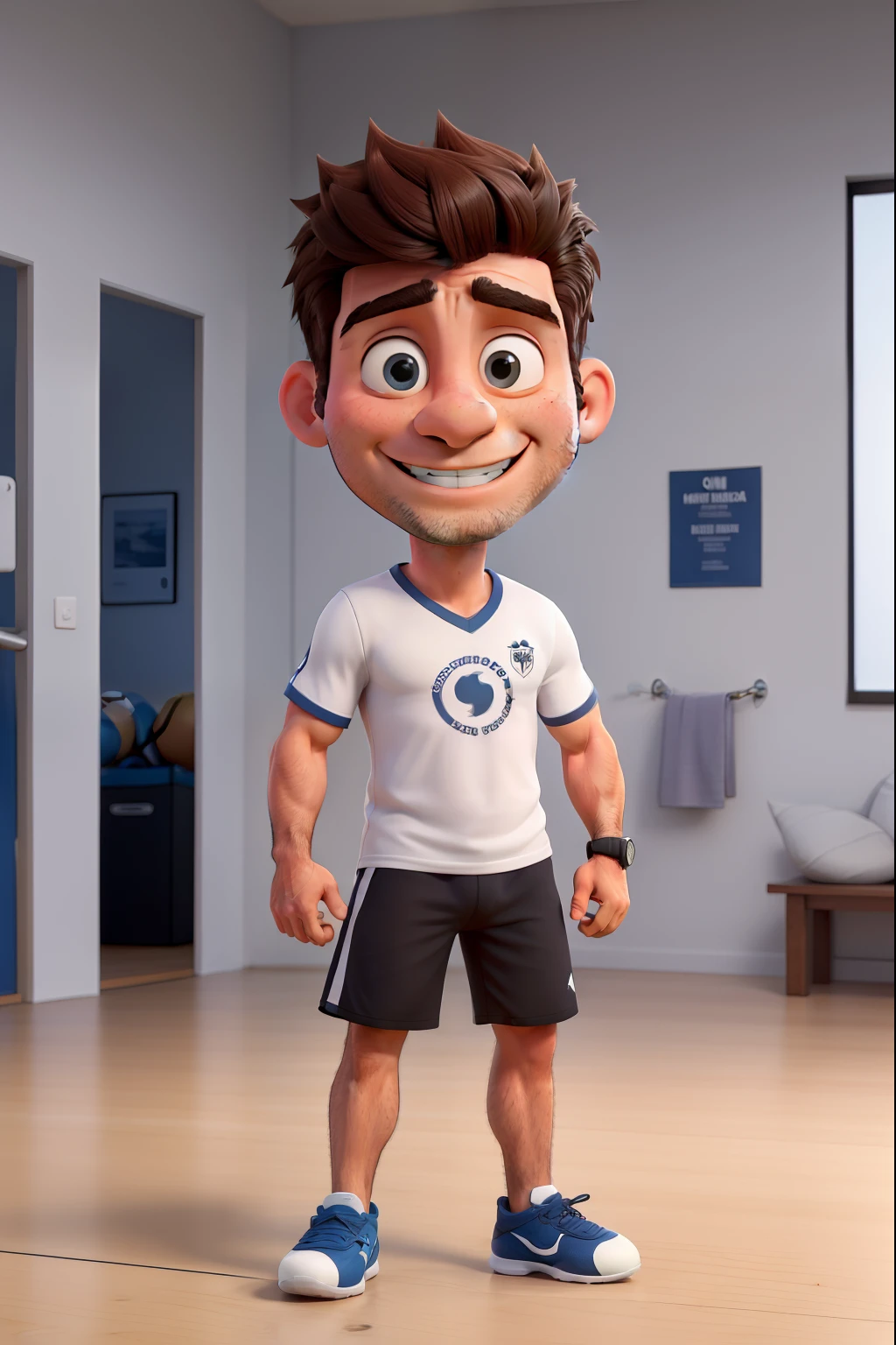 personal trainer, 30 anos, masculino, cabelos castanho curto, olhos castanho, sorriso perfeito e branco, dentro da academia, nariz pequeno e fino , com uma bola futebol, camisa preta
