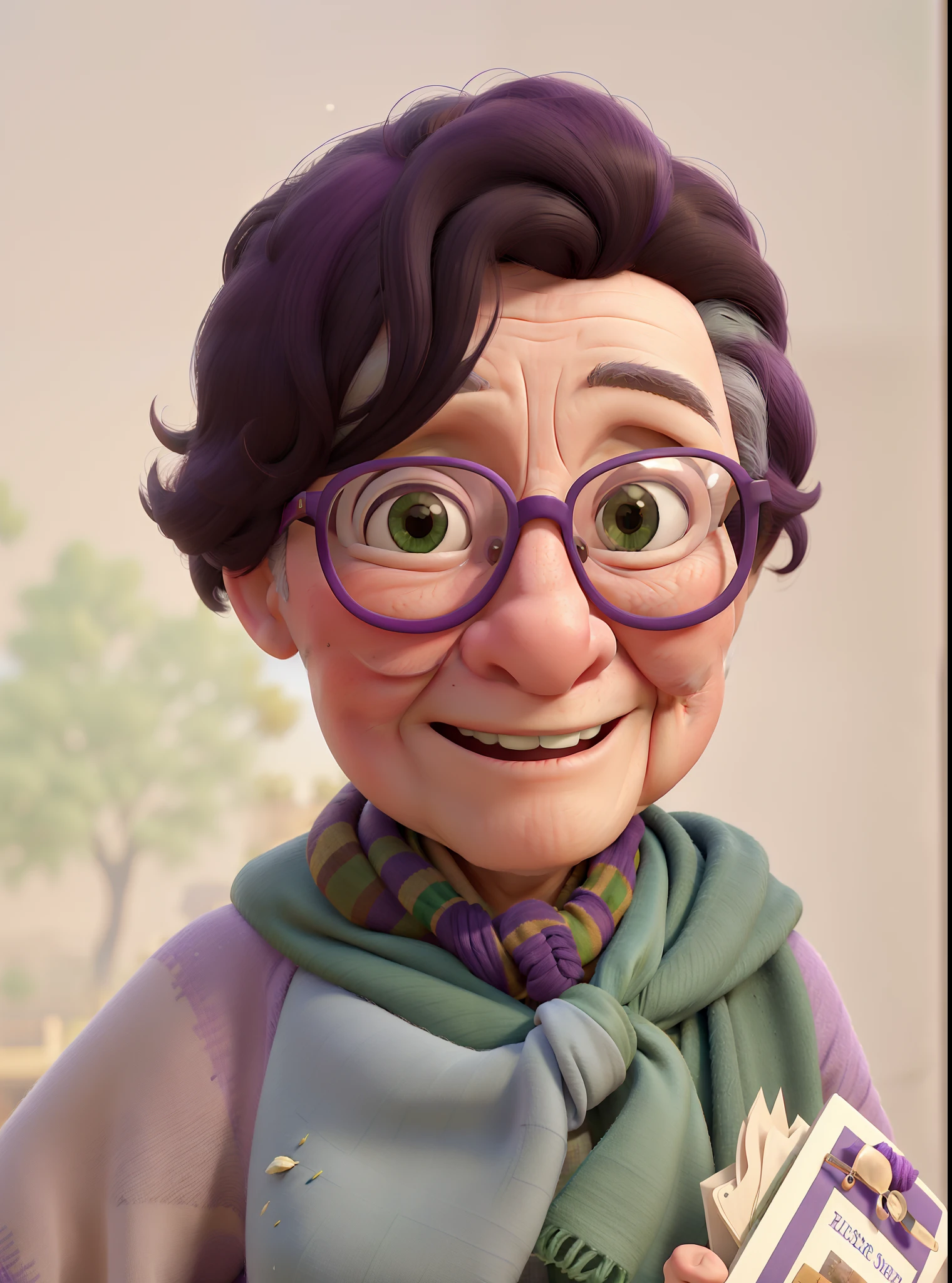 masterpiece, best quality, an old woman with glasses and a scarf on, wearing a purple coat and green scarf, standing at the park