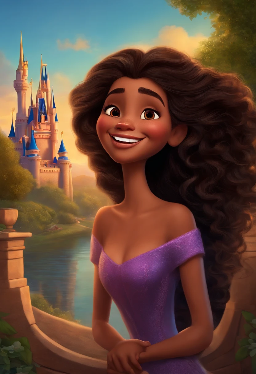 Personagem disney pixar menina adolescente cabelo liso castanho olho castanho amendoado de sorriso feliz rosto oval com castelo da disney de fundo