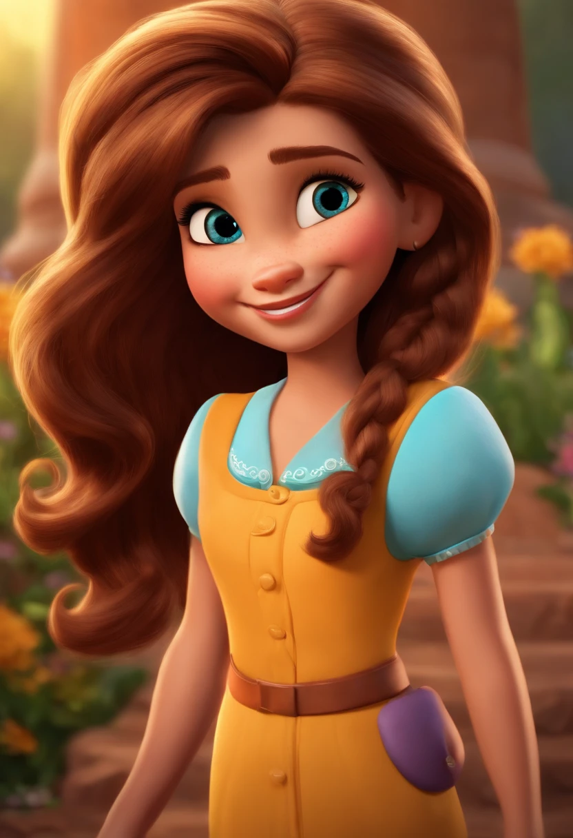 Personagem disney pixar adolescente cabelo liso castanho olho castanho amendoado de sorriso feliz rosto oval com castelo da disney de fundo