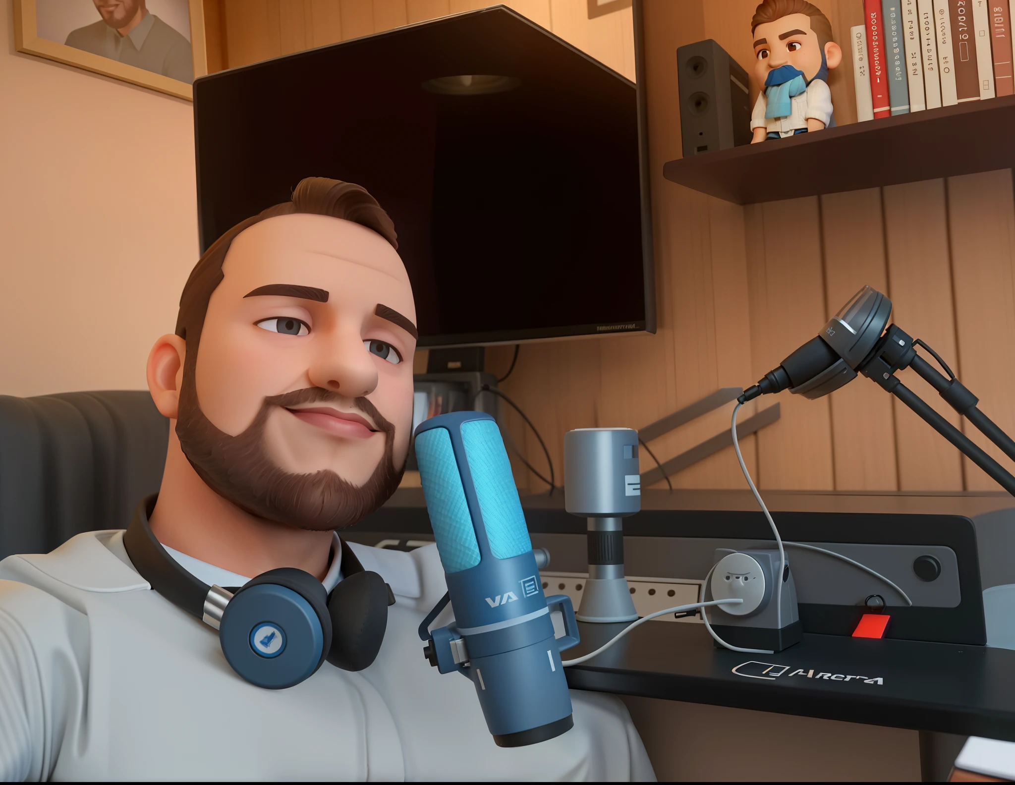 um homem jovem, moreno de barba curta bem cerrada, rosto quadrado, testa larga, cabelo bem curto com umas pequenas entradas na testa, labios grosso, Medium eyebrows, Small nose and is smiling. He's an English teacher sitting in a chair with headphones on and a microphone in front of him, Streamer do Twitch / Jogador Ludwig, sentado em frente a um microfone, Foto de perfil do headshot, imagem do avatar, foto do perfil, foto de perfil 1024px, taken in the early 2020s, in his basement studio, Tyler Oeste, Streamer do Twitch