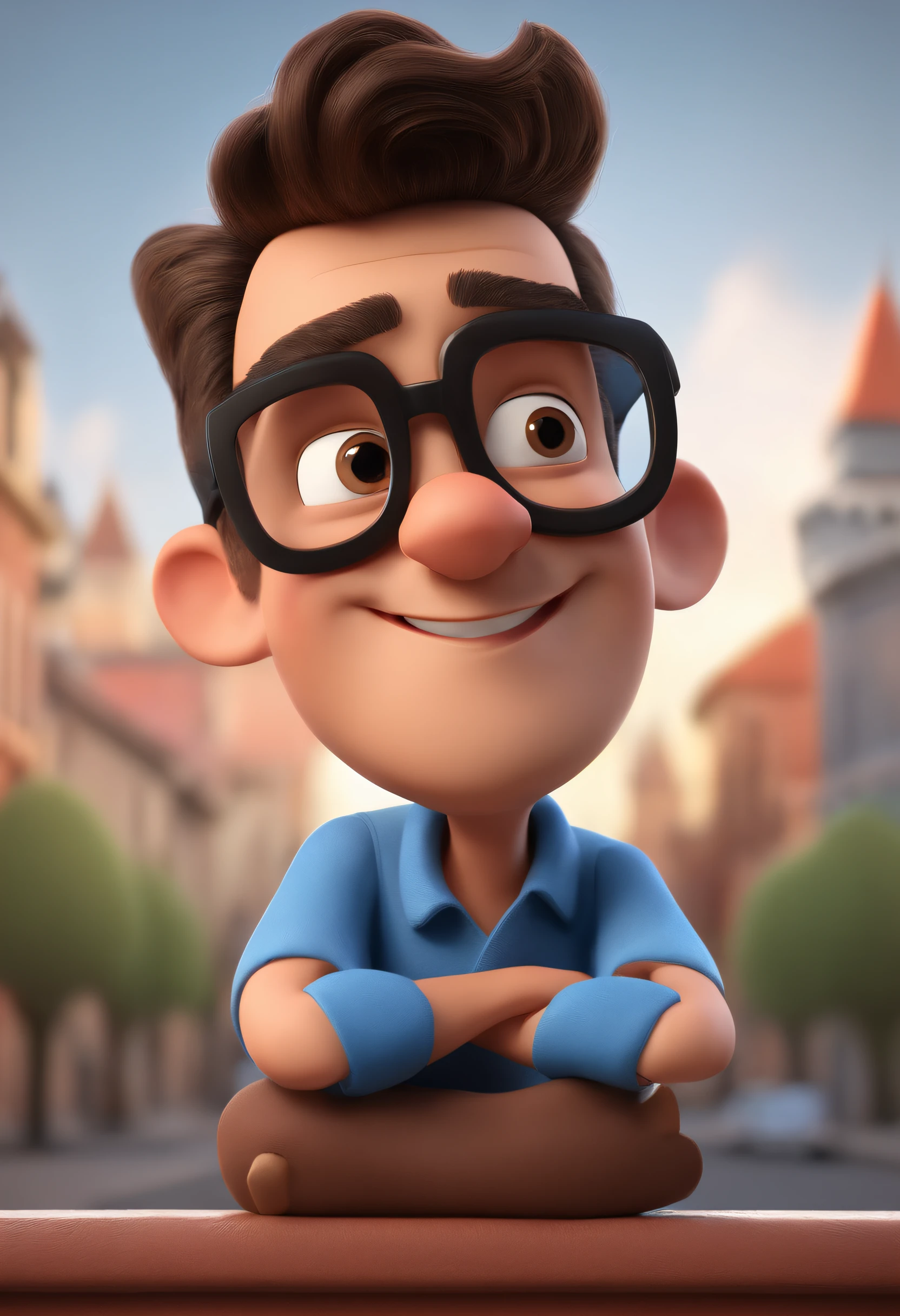 Cartoon character of a man with black glasses and a blue shirt, animation character, Caractere estilizado, animation style rendering, 3D estilizado, Arnold Maya render, 3 d render stylized, toon render keyshot, Personagem 3D, Personagem 3D, 3d rendering stylized, 3 d character render, personagem de desenho animado, Personagem de close up, Pose de personagem, (Estilo Pixar) (master part:1.2) (Bokeh) (best quality) (pele detalhada) (textura detalhada) (8k) (argila) (Cinematic lighting) (foco nítido