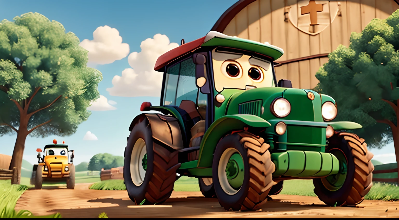 PIXAR CHARACTER STYLE ON HAT DRIVING TRACTOR ON FARM, alta qualidade, Corpo alto, vivid colors