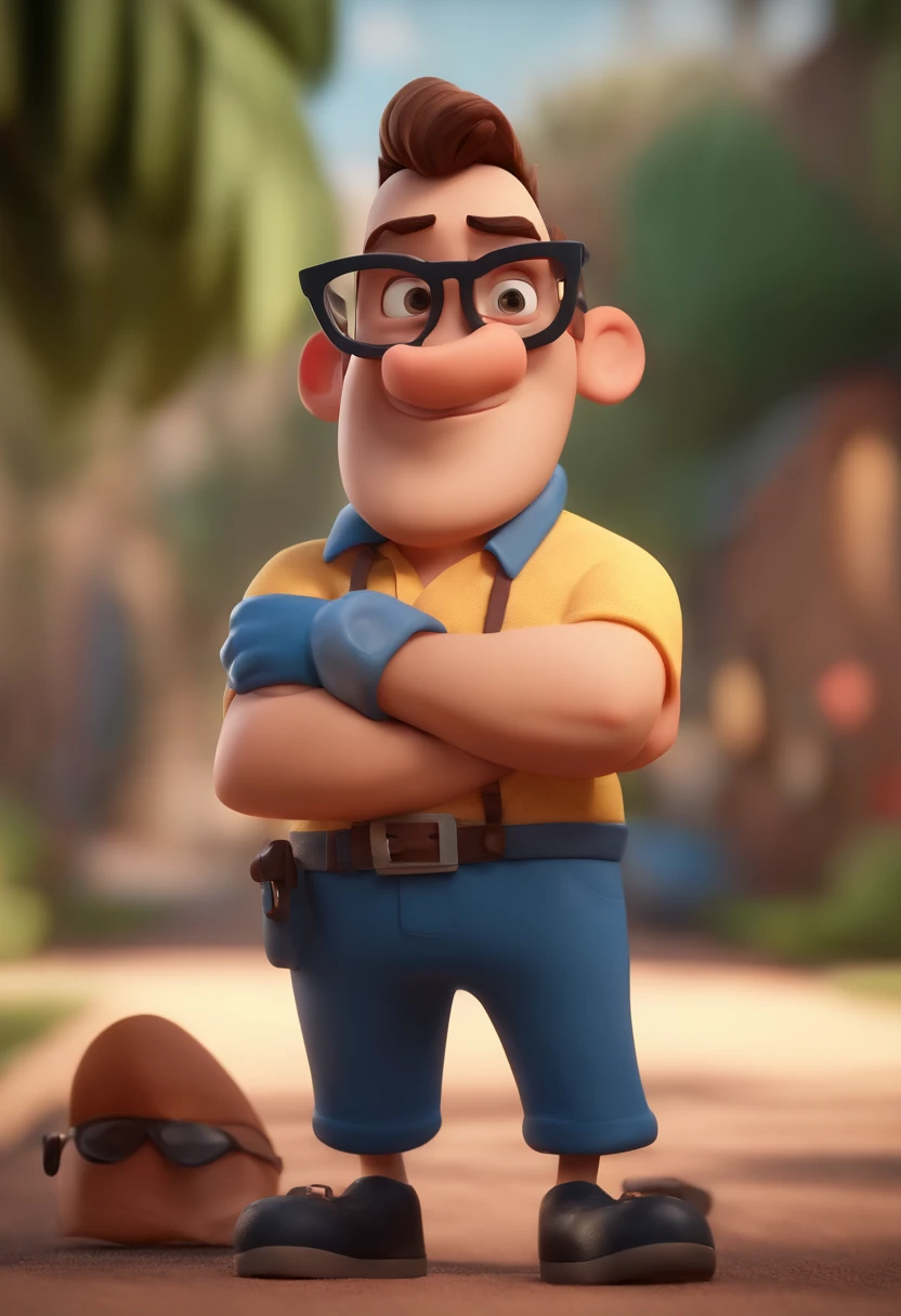 Cartoon character of a man wearing black glasses and a blue shirt, um personagem animado, Caractere estilizado, animation style rendering, 3D estilizado, Arnold Maya render, 3 d render stylized, toon render keyshot, Personagem 3D, Personagem 3D, 3d rendering stylized, 3 d character render, personagem de desenho animado, Personagem de close up, Pose de personagem, (Estilo Pixar) (master part:1.2) (Bokeh) (best quality) (pele detalhada) (textura detalhada) (8k) (argila) (Cinematic lighting) (foco nítido，Senta e vaza a parte superior do corpo