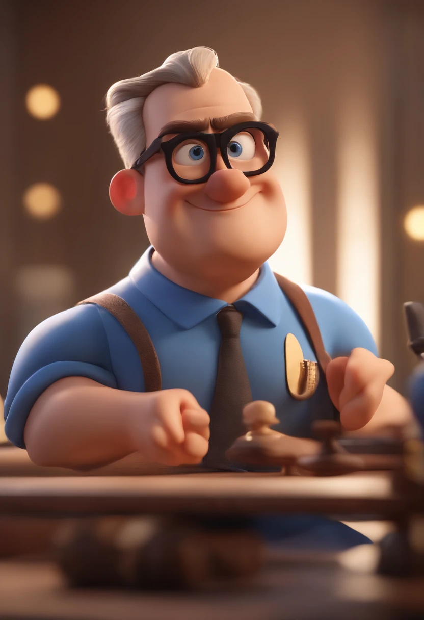Cartoon character of a man wearing black glasses and a blue shirt, um personagem animado, Caractere estilizado, animation style rendering, 3D estilizado, Arnold Maya render, 3 d render stylized, toon render keyshot, Personagem 3D, Personagem 3D, 3d rendering stylized, 3 d character render, personagem de desenho animado, Personagem de close up, Pose de personagem, (Estilo Pixar) (master part:1.2) (Bokeh) (best quality) (pele detalhada) (textura detalhada) (8k) (argila) (Cinematic lighting) (foco nítido,Senta e vaza a parte superior do corpo