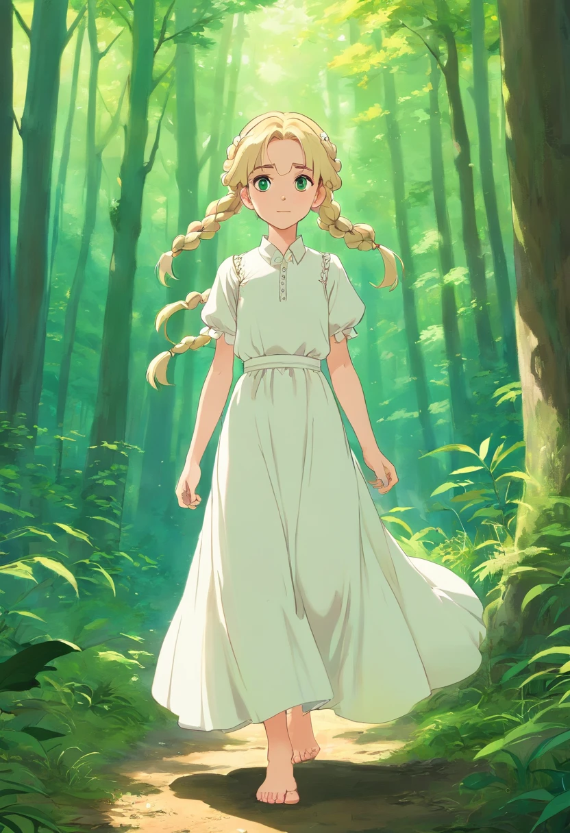A girl in a white dress walking through a forest - SeaArt AI