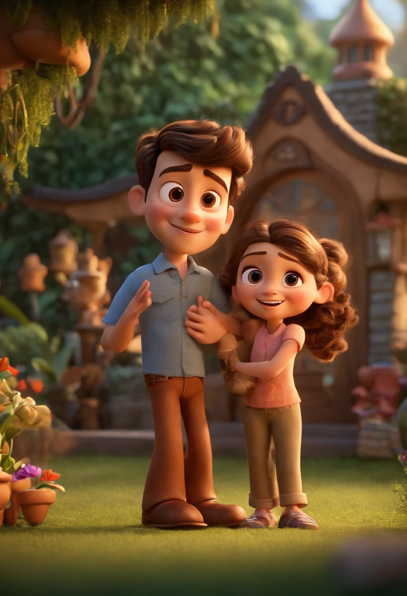 Create a Disney PIXAR-style 3D poster. ((centro da imagem, casal)), ((2 children and parents)) ((1 menino de 10 anos e 1 menina ao lado de 4 anos, They're hugging each other, O menino tem pele castanha e cabelos castanhos escuros e olhos castanhos escuros, 1 menina tem pele clara, olhos e cabelos escuros e cacheados,)) (the tall dark brunette father and the light brunette mother with very long hair) ((tudo isso no estilo PIXAR 3D, In the background, An orchid house, Gloria Studio, The garden is full of nature 3D render RTX clay material, estilo de design cartunesco, POP Mart, soft lighting, linhas suaves, Spring tilt, Detailed illustrations of PIXAR 3D, Detalhes hiper-realistas, cor quente no estilo Disney PIXAR 3D))