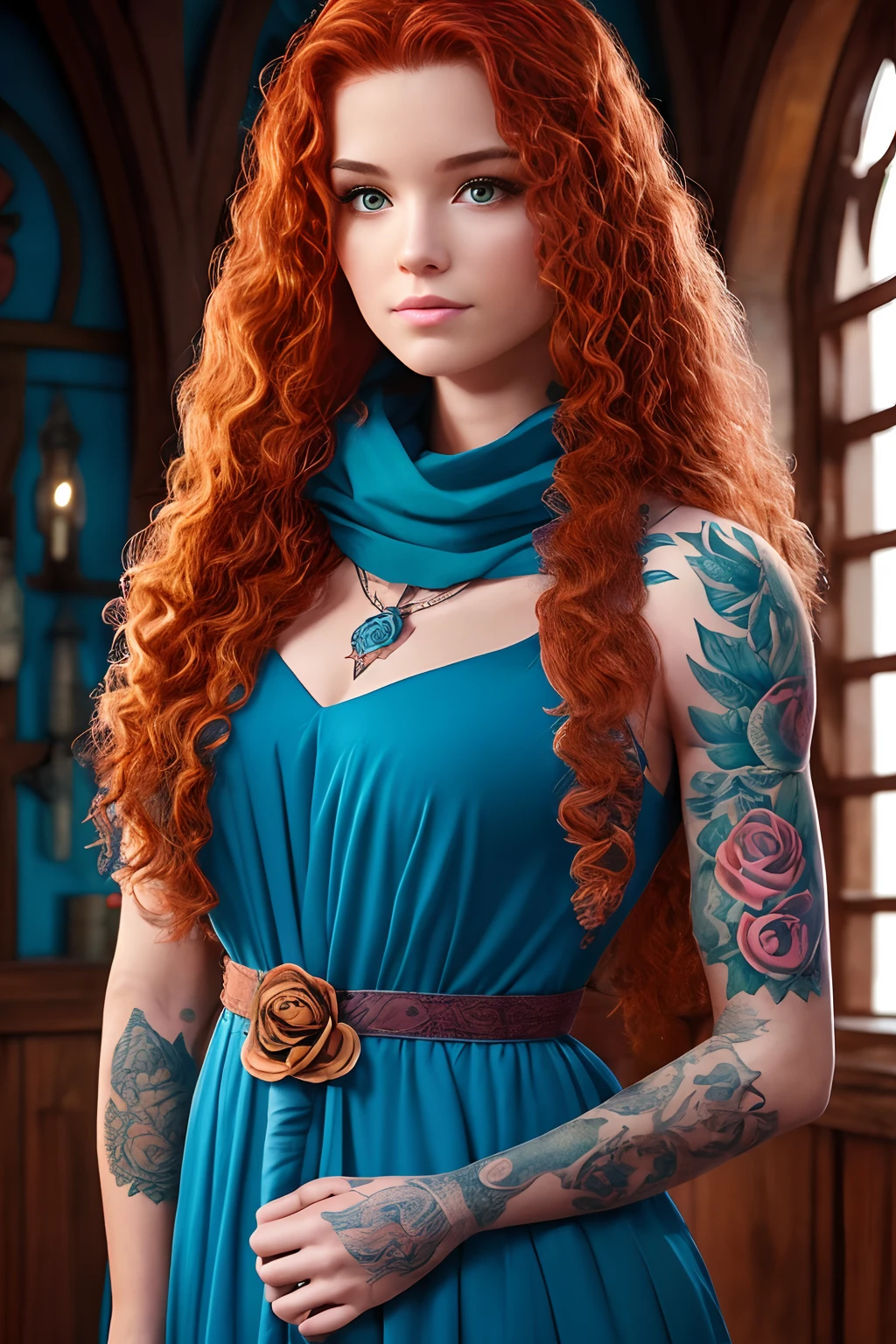 qualidade absurda. natural  lightting. hiper-realismo. Fantastic illustration. Redhead girl with long curly hair and rose tattoos on shoulders and forearms, vestindo vestido branco, scarf in hair, pentagram pendant on neck. Ela tem um olho de cada cor: Verde o direito, azul o esquerdo. estilo bruxa, heathen, Celta, na proa de um barquinho que cruza um rio envolto em brumas. Estilo medieval, former Scotland, Avalon, Fifth-century.