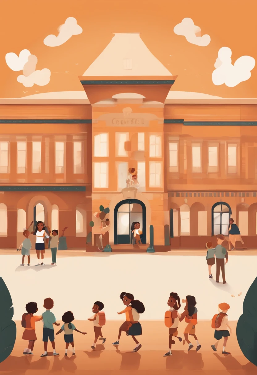 A Disney Pixar inspired movie poster with the title "cepel school". the title must be orange, 2 children and 1 teenager with white uniforms, on the chest on the left side there must be a thumb symbol written below "positive" and black shorts with orange lines on the side, in front of the school, happy with backpacks, 2 white children and one black. The scene should be in the distinct digital art style of Pixar, with the title "school Cepel"