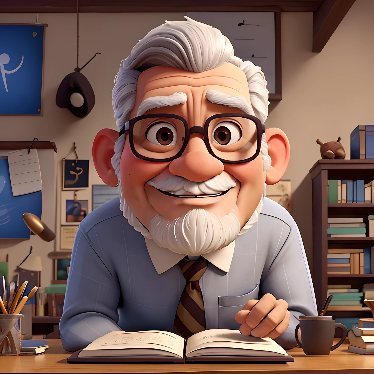 velho, inspirado na Disney Pixar, Inspirado pelo pastor ( Rubens Janeiro ) A gray-haired man wearing glasses in an office with a book on the table looking to the serious future, old man, cabelos grisalhos, um terno