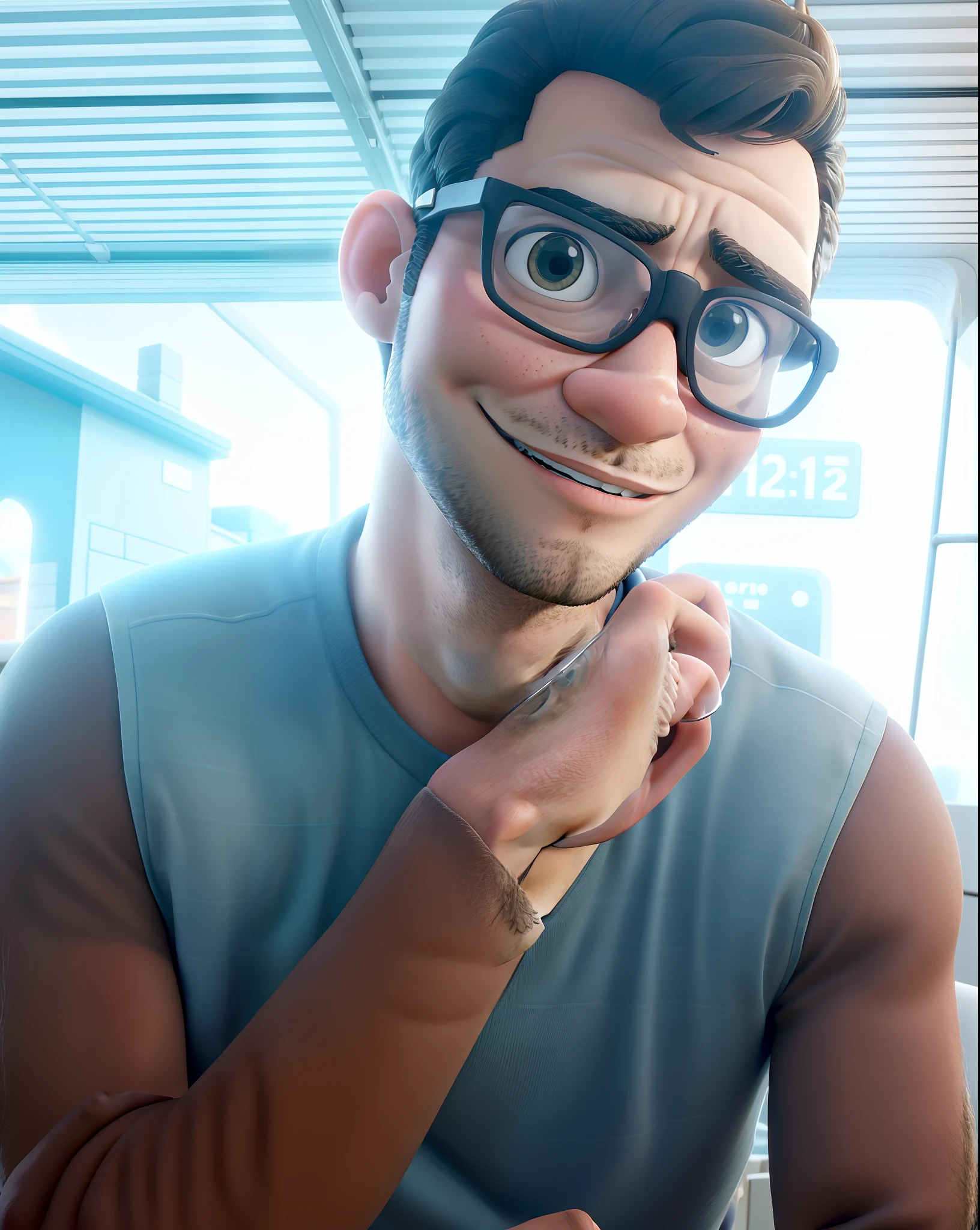 32-year-old man wearing glasses, cabelo preto bem baixinho, rosto liso, cor da pele moreno claro esperando no personagem da Disney