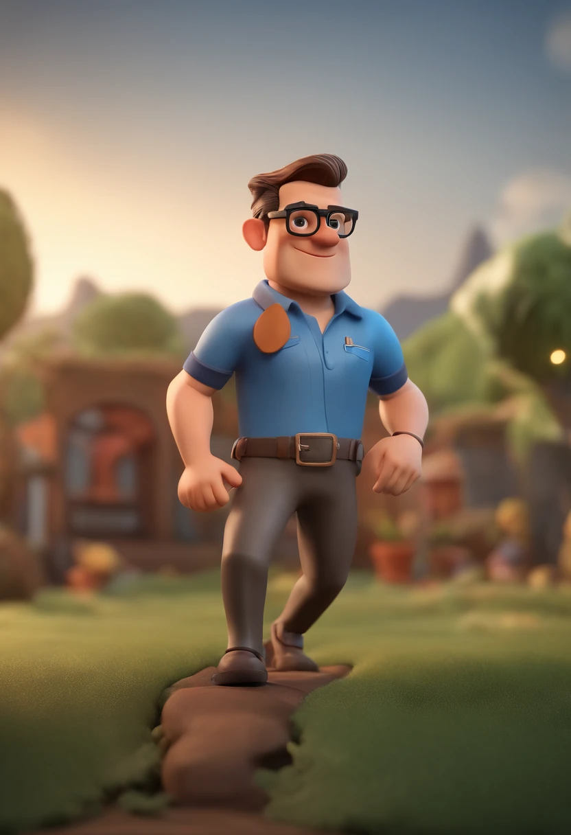 Cartoon character of a man wearing black glasses and a blue shirt, um personagem animado, Caractere estilizado, animation style rendering, 3D estilizado, Arnold Maya render, 3 d render stylized, toon render keyshot, Personagem 3D, Personagem 3D, 3d rendering stylized, 3 d character render, personagem de desenho animado, Personagem de close up, Pose de personagem, (Estilo Pixar) (master part:1.2) (Bokeh) (best quality) (pele detalhada) (textura detalhada) (8k) (argila) (Cinematic lighting) (foco nítido，Senta e vaza a parte superior do corpo