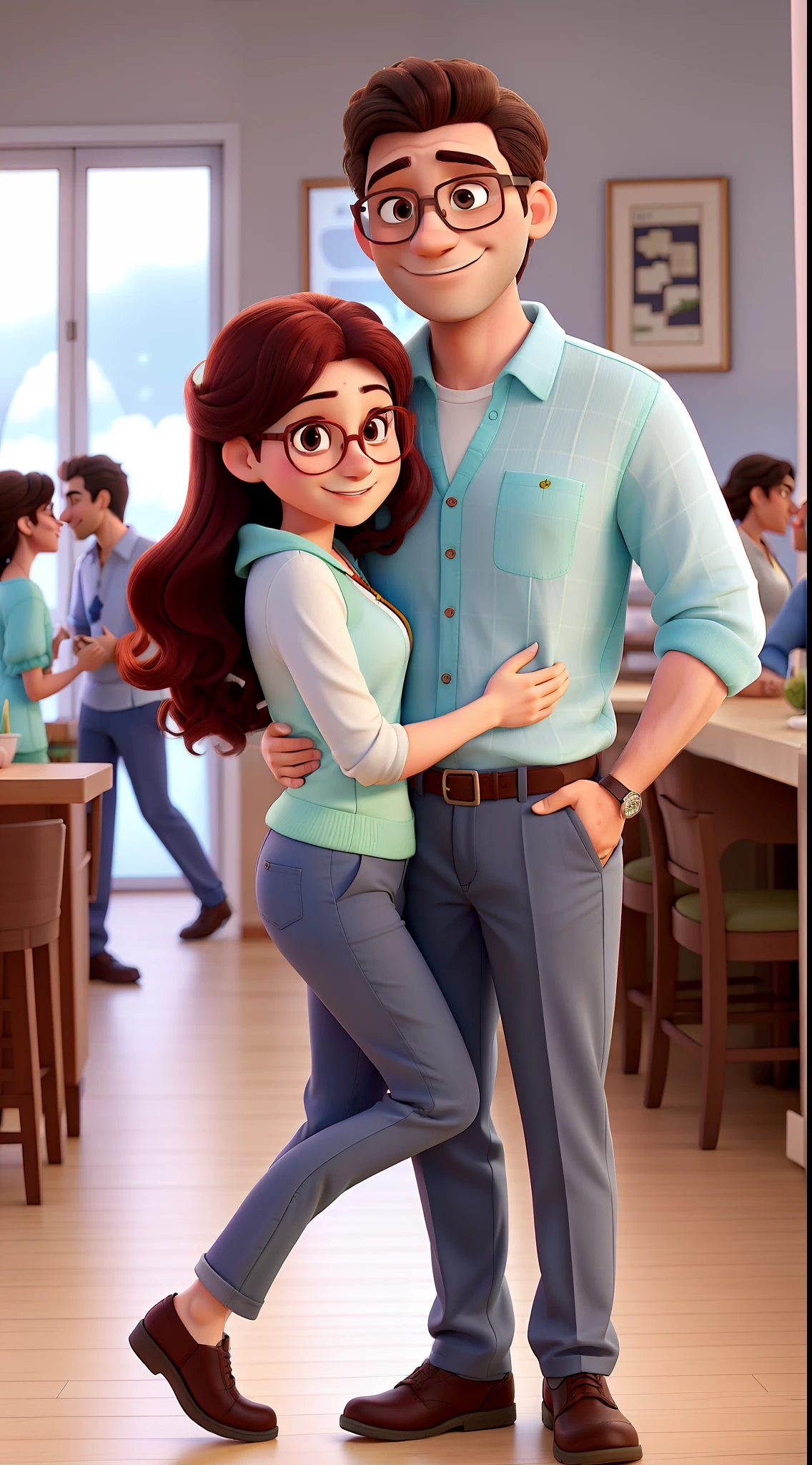 Happy couple hugging each other as love from Disney movie, mulher cabelo cacheado, The two wearing glasses at a social event, Man in gray pants, blusa verde e gravata cinza e mulher no vestido vermelho