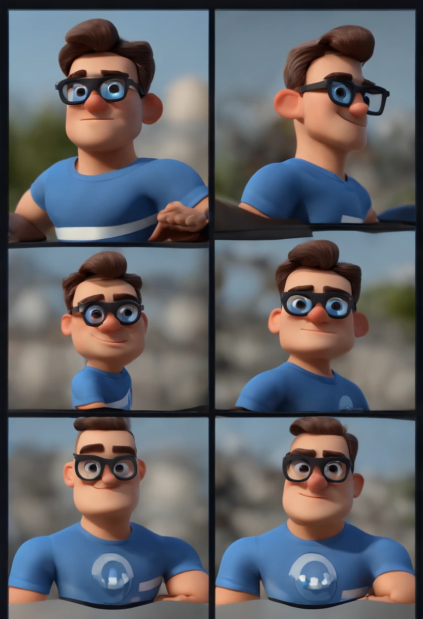 Cartoon character of a man wearing black glasses and a blue shirt, um personagem animado, Caractere estilizado, animation style rendering, 3D estilizado, Arnold Maya render, 3 d render stylized, toon render keyshot, Personagem 3D, Personagem 3D, 3d rendering stylized, 3 d character render, personagem de desenho animado, Personagem de close up, Pose de personagem, (Estilo Pixar) (master part:1.2) (Bokeh) (best quality) (pele detalhada) (textura detalhada) (8k) (argila) (Cinematic lighting) (foco nítido