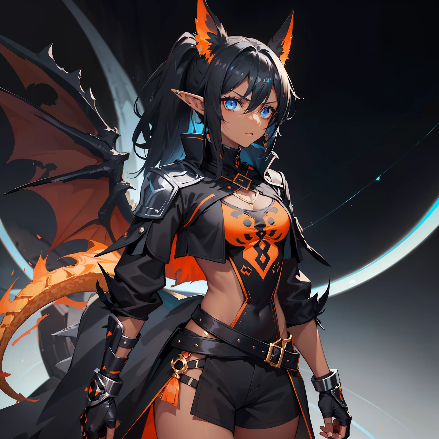 1girl , (((Dark Skin)))), Black Hair with Ponytail, (((Blue Eyes))), ((Black Metallic Gauntlets and Greaves with Orange and Silver Highlights)), (((The Clothes Have a Mix of Modern and Tribal))), (((The Clothes Have a Mix of Modern and Tribal))),  having mostly the color black, but having parts in orange, shoulders exposed, at the hip a shorts that extend to half of the thigh of black color. ((Black Overcoat with a orange inner part)) absurd res, best res, high res, best face, best eyes, (((Dragon Tail))), ((Elf Ears))