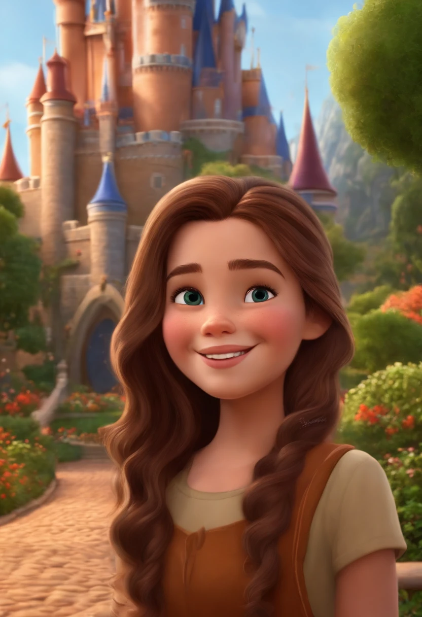 Personagem disney pixar adolescente cabelo liso castanho olhos marrom amendoado de sorriso feliz rosto oval com castelo da disney de fundo