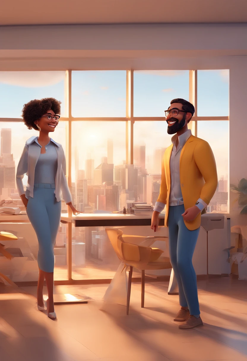 An illustration of an architecture firm, Spotlight on a man with indigenous characteristics, rechonchudo, Happy is a cheerful woman in rimless round glasses - the man's skin is brown and the man's hair is black and straight, The woman's skin is white, e o cabelo da mulher longo e bem cacheada, They are a bright office, cada um com um sorriso no rosto, e compartilhar um momento especial caracterizado pelo amor ao trabalho de arquitetos, Insights. Illustrate this scene from a perspective where they are facing the camera, Smiling and Showing Your Connection. Desenvolva esta arte em Full HD, Focus on your cinematic touch, Estilo Disney Pixar Animations