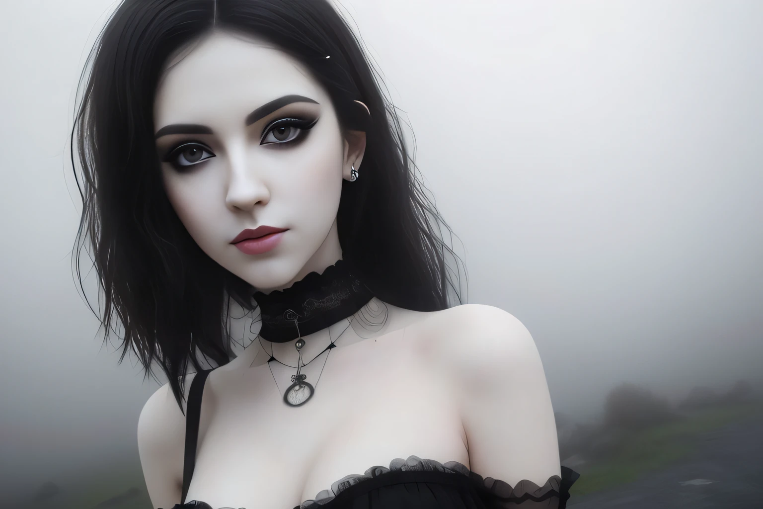 realistic, masterpiece, (full body) photograph of beautiful woman, (amazing body), pale skin, black hair, (wearing top and skirt), (emo, e-girl aesthetic), pubic hair, (makeup, eyeliner, eyeshadow), mist, (surrounded by fog:1.5) (detailed facial features), (perfect face), ((detailed)), ((photorealistic:1.4)),