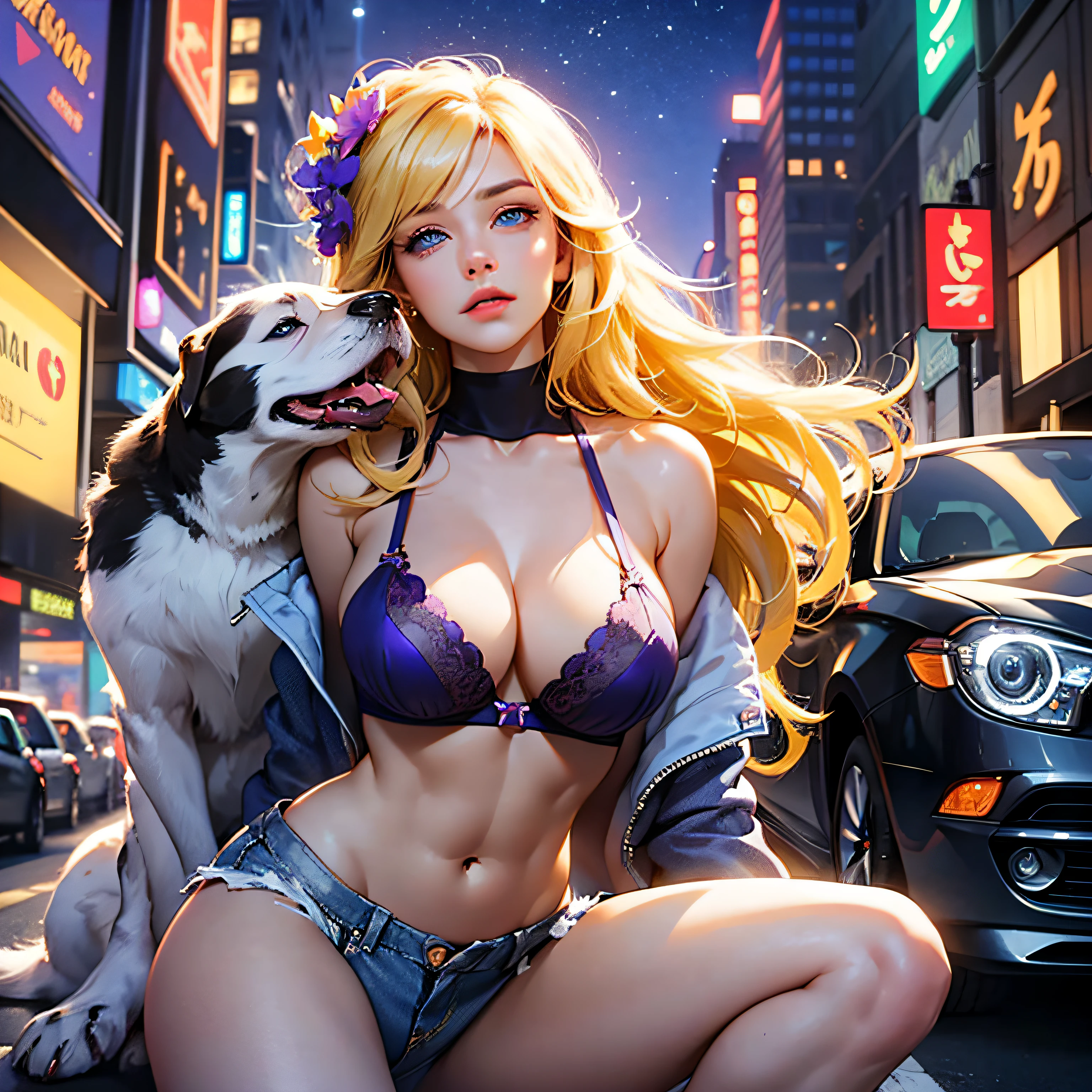 (Best quality, 4k, Masterpiece :1.1), beautiful woman, hyper realistic, 1girl, (droopy breasts, attractive body :1.3), sit-ups :1.1, long light yellow hair with bangs :1.2, ultra-detailed face, detailed lips, detailed eyes, double eyelid, short black and purple bra, open neckline, hanging breasts, side pose, visible curves, in the middle of the street, light blue short jean shorts, muscular turned leg,  Big breasts, blue eyes, purple high heels, open sky, night, with neon ligths